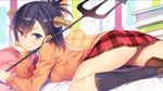  &gt;:) ass black_legwear blush book book_stack cardigan demon_girl demon_horns detexted directional_arrow end_card from_side gabriel_dropout hair_ornament hairclip hand_on_own_cheek highres horns jpeg_artifacts kneehighs loafers looking_at_viewer lying on_stomach pitchfork plaid plaid_pillow plaid_skirt purple_eyes purple_hair resized school_uniform shoes skirt smile solo star star_pillow third-party_edit tsukinose_vignette_april upscaled upskirt v-shaped_eyebrows x_hair_ornament yuuki_hagure 