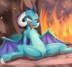  2017 anthro aryanne blue_scales blush claws clitoris dragon female friendship_is_magic half-closed_eyes horn my_little_pony princess_ember_(mlp) pussy red_eyes scales solo tongue tongue_out 