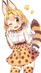  ;d animal_ears bare_shoulders blonde_hair bow bowtie elbow_gloves extra_ears gloves high-waist_skirt kemono_friends looking_at_viewer miniskirt one_eye_closed open_mouth paw_print serval_(kemono_friends) serval_ears serval_print serval_tail short_hair skirt smile solo striped_tail tail thighhighs wagashi928 yellow_eyes zettai_ryouiki 