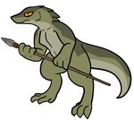  3_fingers 4_toes ambiguous_gender anthro green_body lizard melee_weapon orange_eyes orange_sclera polearm reptile scalie simple_background slit_pupils solo spear toes trout_(artist) weapon white_background 