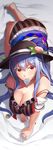 all_fours ass bare_shoulders barefoot bed black_bra blue_hair bra breasts condom condom_in_mouth hat hinanawi_tenshi large_breasts light_smile long_hair looking_at_viewer mouth_hold naughty_face neropaso panties solo striped striped_panties touhou underwear 