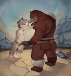  anthro arm_grab balls bar bear broken_sword butt canine clothed clothing cub eye_contact loincloth male mammal moexuan musclegut nipples outside plantigrade rear_view size_difference skimpy slim snarling solo standing topless wolf young zeetar 
