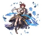  blue_eyes boots bow dress feathers flute frills full_body granblue_fantasy hair_ornament instrument knee_boots looking_away minaba_hideo musical_note official_art one_eye_closed pamela_(granblue_fantasy) red_hair ribbon short_hair sleeveless smile solo transparent_background wrist_cuffs 