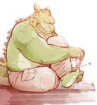  anthro barazoku beard belly clothed clothing dragon facial_hair horn kemono morenatsu musclegut muscular nail_clipping nails pcste5fje scalie slightly_chubby solo tappei_(morenatsu) topless ガロウ好き 