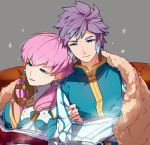  1boy 1girl blonde_hair blue_eyes blue_hair book brother_and_sister closed_mouth crossed_arms earrings fire_emblem fire_emblem_heroes gradient_hair grey_background gunnthra_(fire_emblem) haru_hikoya hrid_(fire_emblem_heroes) jewelry long_hair long_sleeves multicolored_hair nintendo open_book parted_lips pink_hair short_hair siblings silver_hair simple_background snowflakes spiked_hair 