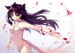  blood breasts brown_hair covered_navel cowboy_shot cross fate/stay_night fate_(series) floating_hair green_eyes hair_ribbon long_hair long_sleeves looking_at_viewer medium_breasts ouka_(ra-raradan) outstretched_arm pants ribbon simple_background smile solo toosaka_rin 