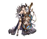  augusta_(granblue_fantasy) bare_shoulders black_gloves black_hair breasts butterfly_hair_ornament cello chair cleavage draph dress elbow_gloves full_body gloves granblue_fantasy hair_ornament horns instrument large_breasts long_hair looking_at_viewer minaba_hideo official_art pointy_ears sleeveless solo transparent_background yellow_eyes 