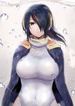  air_bubble black_hair breasts brown_eyes bubble covered_navel emperor_penguin_(kemono_friends) hair_over_one_eye headphones highres kemono_friends large_breasts leotard long_hair looking_at_viewer multicolored_hair solo sukemyon white_leotard 