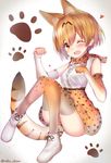  animal_ears animal_print bare_shoulders blonde_hair blush boots bow bowtie breasts elbow_gloves extra_ears gloves highres kemono_friends knees_together_feet_apart looking_at_viewer medium_breasts neku_(neku_draw) one_eye_closed open_mouth paw_background paw_pose serval_(kemono_friends) serval_ears serval_print serval_tail short_hair sitting skirt sleeveless solo tail thighhighs twitter_username yellow_eyes 