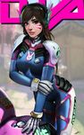 absurdres acronym animal_print arm_grab bangs blue_bodysuit blurry blurry_background bodysuit bokeh bracer breasts breasts_apart brown_eyes brown_hair bunny_print character_name closed_mouth cowboy_shot d.va_(overwatch) depth_of_field eyelashes eyeliner facepaint facial_mark gloves hand_on_own_arm headphones high_collar highres legs_together lips lipstick long_hair looking_at_viewer makeup mascara mecha medium_breasts meka_(overwatch) nose outdoors overwatch pauldrons petri_rahkola pilot_suit pink_lips pink_lipstick realistic ribbed_bodysuit shoulder_pads signature skin_tight smile solo standing swept_bangs thigh_gap thigh_strap turtleneck whisker_markings white_gloves white_legwear 