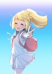  bag blonde_hair braid closed_eyes commentary_request dress french_braid gradient gradient_background high_ponytail hizuki_akira lillie_(pokemon) long_hair open_mouth pokemon pokemon_(game) pokemon_sm short_sleeves sketch smile solo spoilers v white_dress 