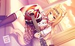  1girl :3 animal_ears artist_name bell black_legwear blonde_hair blush bow bowtie cat_ears cat_tail couch curly_hair dutch_angle green_eyes guitar hairband indoors instrument jingle_bell kneehighs legs_crossed long_hair long_image maple_(sayori) music nekopara parted_lips plaid plaid_skirt playing_instrument plectrum ribbon sayori sitting skirt smile solo sunset tail wide_image window wrist_ribbon 