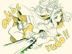  1girl aztec breasts cape crown fate/grand_order fate_(series) hair_ornament hair_tubes headband long_hair monochrome quetzalcoatl_(fate/grand_order) skirt smile sword weapon yellow 