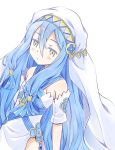  1girl aqua_(fire_emblem_if) blue_hair detached_sleeves fire_emblem fire_emblem_heroes fire_emblem_if hair_between_eyes jewelry long_hair mizuna_tomomi nintendo pendant sidelocks simple_background solo veil white_background yellow_eyes younger 