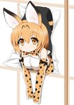  animal_ears bare_shoulders blonde_hair bow bowtie commentary_request elbow_gloves eyebrows_visible_through_hair gloves hair_between_eyes kemono_friends looking_at_viewer serval_(kemono_friends) serval_ears serval_print serval_tail short_hair sleeveless solo sudo_shinren tail through_wall yellow_eyes 