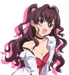  :3 :d ahoge blue_eyes blush breasts brown_hair choker cleavage earrings ichinose_shiki idolmaster idolmaster_cinderella_girls jewelry kezune_(i-_-i) long_hair long_sleeves looking_at_viewer medium_breasts open_mouth shirt simple_background smile solo strap_slip upper_body white_background white_shirt 