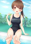  :3 :d bad_feet bangs blush breasts brown_eyes brown_hair bunsai collarbone commentary_request competition_swimsuit covered_navel day dutch_angle eyebrows_visible_through_hair fang feet foreshortening hair_between_eyes hair_ornament hair_scrunchie hand_up highres long_hair looking_at_viewer medium_breasts moe2017 one-piece_swimsuit open_mouth original outdoors ponytail pool poolside scrunchie sitting smile soles solo swimsuit thighs toes water_drop 