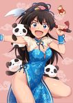  :d animal antenna_hair bangs bare_hips bare_legs black_hair blue_dress blue_eyes blue_ribbon blush breasts china_dress chinese_clothes cleavage cleavage_cutout clothed_animal commentary_request dress earrings eyebrows_visible_through_hair fang flower flower_knot ganaha_hibiki hair_flower hair_ornament hamster hamuzou hiiringu holding holding_sword holding_weapon idolmaster idolmaster_(classic) jewelry leg_up long_hair looking_at_viewer medium_breasts no_panties open_mouth outstretched_arm pelvic_curtain pink_background pink_flower pink_rose ponytail ribbon rose saber_(weapon) sanpaku shiny shiny_skin side_slit simple_background sleeveless sleeveless_dress smile solo standing standing_on_one_leg stud_earrings stuffed_animal stuffed_panda stuffed_toy sword tareme tassel thick_eyebrows unmoving_pattern unsheathed v-shaped_eyebrows weapon whiskers 