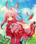  ana_(rznuscrf) bangs blunt_bangs cloud day feathers gloves head_wings highres japanese_crested_ibis_(kemono_friends) kemono_friends long_hair long_sleeves miniskirt multicolored_hair orange_eyes outdoors pantyhose pleated_skirt red_gloves red_hair red_legwear red_skirt shoes sidelocks skirt solo tail two-tone_hair white_hair wide_sleeves 