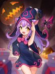  :d absurdres alternate_costume alternate_skin_color animal_ears black_hat cat_ears fairy gift hand_on_hip hat highres jack-o'-lantern league_of_legends lee_seok_ho long_hair looking_at_viewer lulu_(league_of_legends) open_mouth pix purple_hair signature smile solo standing wicked_lulu wide_sleeves yellow_eyes yordle 