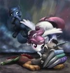  2017 antlers bakuel blue_eyes blue_feathers blue_hair brown_fur cloud discord_(mlp) draconequus equine feathered_wings feathers female feral flying friendship_is_magic fur group hair horn male mammal multicolored_hair my_little_pony princess_celestia_(mlp) princess_luna_(mlp) purple_eyes sky sleeping star winged_unicorn wings 