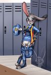  2016 anthro badge bench blush breasts buckteeth claws clothed clothing crossed_legs disney distracting_watermark english_text female fur grey_fur hat holding_object inside judy_hopps lagomorph locker locker_room mammal mancoin multicolored_fur open_mouth open_smile panties panties_down pants_down partially_clothed police police_uniform purple_eyes pussy rabbit smile solo standing teeth text toe_claws tongue two_tone_fur underwear uniform vest watermark zootopia 
