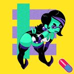  2017 big_butt blush breasts butt cleavage clothed clothing emily_vasquez eyewear female hair looking_at_viewer not_furry rebeltaxi simple_background slightly_chubby smile solo standing teknikolor tongue tongue_out 