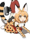  all_fours animal_ears animal_print bare_shoulders black_gloves black_hair blonde_hair blush boots bow bowtie chestnut_mouth elbow_gloves gloves hair_dryer hand_on_another's_ass head_out_of_frame kaban_(kemono_friends) kemono_friends looking_away multiple_girls open_mouth parody red_shirt serval_(kemono_friends) serval_ears serval_print serval_tail shirt short_hair simple_background skirt sleeveless sora_(udamama) sudo_shinren t-shirt tail white_background white_shirt yellow_eyes 