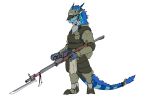  ambiguous_gender armor blue_scales clothing fangs floatrand gun hat horn lizard ranged_weapon reptile scales scalie simple_background solo weapon yellow_eyes 