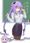  blue_eyes blush braid breasts chalk chalkboard classroom cleavage d-pad d-pad_hair_ornament glasses hair_ornament imagining long_hair looking_at_viewer medium_breasts neptune_(choujigen_game_neptune) neptune_(series) pantyhose purple_hair purple_heart short_hair symbol-shaped_pupils teacher thought_bubble twin_braids very_long_hair 