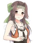  armpit_hold blush bottle brown_eyes brown_hair double-breasted flying_sweatdrops headband holding holding_bottle jintsuu_(kantai_collection) kantai_collection long_hair neckerchief plum_(arch) remodel_(kantai_collection) sarashi school_uniform serafuku shirt simple_background sleeveless sleeveless_shirt smile solo sweatdrop upper_body white_background 