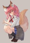  animal_ears black_legwear bow bowtie brown_footwear fate/extella fate/extra fate_(series) fox_ears fox_shadow_puppet fox_tail full_body highres kanikou kneehighs loafers long_hair looking_at_viewer pink_hair red_bow red_neckwear shirt shoes smile solo squatting sweater tail tamamo_(fate)_(all) tamamo_jk_(fate) tiptoes white_shirt yellow_eyes 