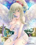  angel_wings aqua_eyes bare_arms bare_shoulders between_legs blush bottle bracelet breasts bucket cleavage cloud collarbone cowboy_shot cup drinking_glass eyebrows_visible_through_hair falkyrie_no_monshou feathered_wings flower green_eyes hair_between_eyes hair_flower hair_ornament hand_between_legs jewelry jug large_breasts light_particles long_hair looking_down naked_towel navel necklace nose_blush official_art outdoors pendant pink_flower pink_rose red_flower red_rose ring rose sitting sky snowflakes solo soukuu_kizuna stomach towel white_wings wings 