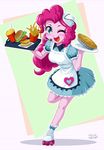  1girl apron blue_eyes burger french_fries my_little_pony my_little_pony_equestria_girls my_little_pony_friendship_is_magic pie pink_hair pink_skin pinkie_pie roller_blades tagme uotapo waitress 