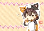  absurdres alternate_costume animal_costume artist_name bad_revision brown_eyes brown_hair cat_costume chibi clenched_hand commentary_request downscaled_revision highres kaga_(kantai_collection) kantai_collection long_sleeves md5_mismatch motion_lines one_eye_closed open_mouth orange_background paw_print short_hair solo striped striped_background taisa_(kari) 