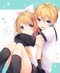  1girl ? bass_clef black_legwear blonde_hair blue_eyes bow brother_and_sister commentary_request detached_sleeves hair_between_eyes hair_bow hair_ornament hair_ribbon hairclip hug hug_from_behind incest kagamine_len kagamine_rin kuroi_(liar-player) leg_warmers looking_at_viewer necktie open_mouth ribbon sailor_collar short_hair shorts siblings spoken_question_mark treble_clef twincest twins vocaloid yellow_neckwear 