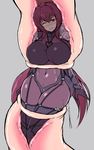  bodysuit breasts covered_navel erect_nipples fate/grand_order fate/stay_night fate_(series) lancer large_breasts nega96396 pauldrons purple_bodysuit purple_hair red_eyes scathach_(fate/grand_order) very_long_hair vore 