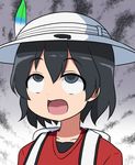  ahegao backpack bag black_eyes black_hair collarbone commentary_request eyebrows eyebrows_visible_through_hair feathers hair_between_eyes hat hat_feather helmet kaban_(kemono_friends) kemono_friends looking_up masara masara_ahegao open_mouth pith_helmet red_shirt rolling_eyes shirt short_hair solo upper_body 