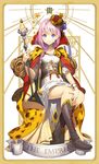  bad_id bad_pixiv_id boots border braid crown english koyoi_mitsuki long_hair looking_at_viewer original pink_hair purple_eyes roman_numerals scepter simple_background sitting smile solo star tarot the_empress white_background 