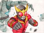  belt clenched_hands gauntlets highres isaki_tanaka kamen_rider kamen_rider_kuuga kamen_rider_kuuga_(series) male_focus monster punching traditional_media 