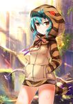  ahoge amamitsu_kousuke aqua_hair ass_visible_through_thighs bare_legs blue_eyes blush glowing hands_in_pockets highres hood hoodie kemono_friends long_sleeves looking_at_viewer neck_ribbon ribbon sidelocks snake_tail solo striped striped_hoodie striped_tail tail tsuchinoko_(kemono_friends) 