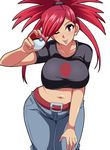  ;p asuna_(pokemon) bangs belt breasts crop_top denim gym_leader hand_on_own_knee hips holding holding_poke_ball jeans large_breasts megane_man midriff navel one_eye_closed pants poke_ball poke_ball_(generic) pokemon pokemon_(game) pokemon_rse ponytail red_eyes red_hair shirt short_sleeves simple_background solo swept_bangs taut_clothes taut_shirt tongue tongue_out white_background 