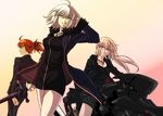  artoria_pendragon_(all) blonde_hair breasts casual dress ebina_hidekazu fate/grand_order fate_(series) formal fujimaru_ritsuka_(female) fur_trim ground_vehicle jacket jeanne_d'arc_(alter)_(fate) jeanne_d'arc_(fate)_(all) jewelry large_breasts motor_vehicle motorcycle multiple_girls necklace orange_hair pale_skin ponytail saber_alter short_dress shorts suit sword weapon white_hair wicked_dragon_witch_ver._shinjuku_1999 yellow_eyes 