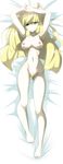  1girl armpits arms_up bed_sheet blonde_hair breasts censored dakimakura feet full_body green_eyes heart_censor highres large_breasts legs long_hair looking_at_viewer lusamine_(pokemon) lying mature navel nipples nude on_back pokemon pokemon_(game) pokemon_sm pubic_hair pussy smile solo yang_meiling 