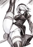  ass axe_kick black_dress black_legwear blindfold boots dress faux_traditional_media hairband high_kick kicking legs leotard monochrome nier_(series) nier_automata puffy_sleeves rindou_(radical_dream) short_hair sketch solo thigh_boots thighhighs underwear yorha_no._2_type_b 