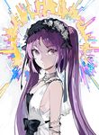  andrian_gilang arms_at_sides bow bracelet breasts choker commentary dress euryale fate/hollow_ataraxia fate_(series) hair_ribbon hairband halo headdress jewelry long_hair looking_at_viewer no_bra open_mouth petals purple_eyes purple_hair ribbon shadow sideboob sidelocks sleeveless sleeveless_dress small_breasts smile solo twintails upper_body white_background 