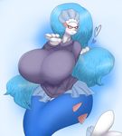  &lt;3 2017 anthro anthrofied big_breasts blue_background blue_hair blue_skin blush breasts clothed clothing eyes_closed eyewear female glasses hair huge_breasts hyper hyper_breasts long_hair mammal marine megustalikey nintendo pinniped pok&eacute;mon pok&eacute;morph primarina simple_background smile solo sweater video_games voluptuous white_skin wide_hips 