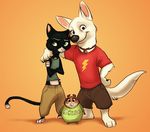  2017 anthro bolt bolt_(film) brown_eyes canine cat clothed clothing cute disney dog duo feline female fur german_shepherd green_eyes hair hamster looking_at_viewer male mammal ritwell rodent simple_background smile white_fur white_german_shepherd zootopia 