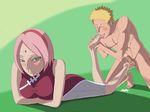  1boy 1girl ass barefoot breasts cum feet foot_hold foot_licking foot_worship footjob hands_on_feet haruno_sakura naruto penis uzumaki_naruto 