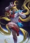  absurdly_long_hair absurdres bishoujo_senshi_sailor_moon blonde_hair blue_eyes blue_sailor_collar boots choker cleft_chin cosplay elbow_gloves facial_hair gloves highres holding holding_wand long_hair male_focus mars_symbol moon_(ornament) moon_stick one-punch_man pointing puri_puri_prisoner red_choker red_footwear sailor_collar sailor_moon sailor_moon_(cosplay) sailor_senshi_uniform sky solo star_(sky) starry_sky stubble twintails very_long_hair wand wenfei_ye white_gloves 